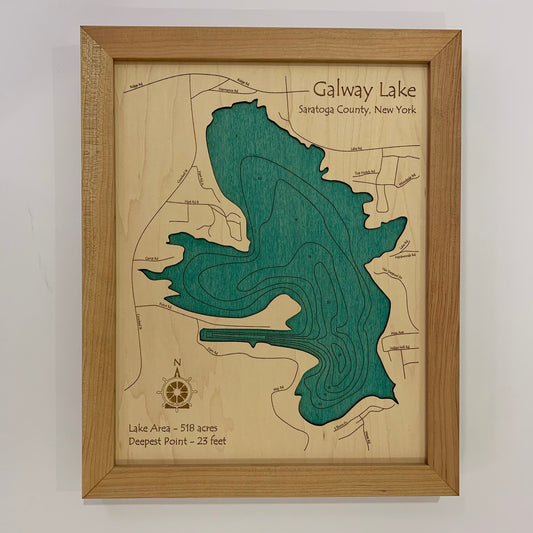 Lake Map - Galway Lake - Laser Carved Wooden Relief Map - 11" x 14" - New York
