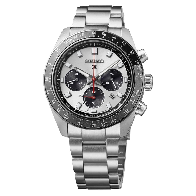 The Seiko Watch - Prospex Speedtimer - HBJ001 is a stainless steel chronograph wristwatch featuring a silver band, black bezel, and three subdials set on a white dial.