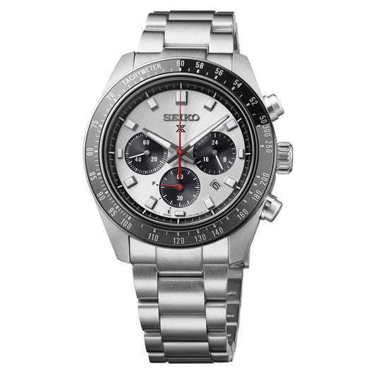 The Seiko Watch - Prospex Speedtimer - HBJ001 is a stainless steel chronograph wristwatch featuring a silver band, black bezel, and three subdials set on a white dial.