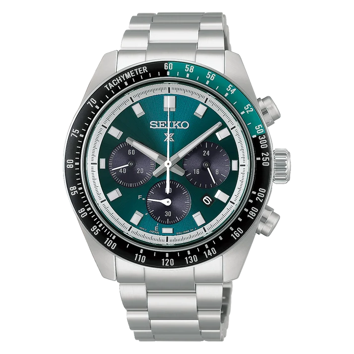 A Seiko Watch - Prospex Speedtimer Green Lagoon Solar (HBJ003) chronograph wristwatch featuring a stainless steel case, distinctive green and black dial with three subdials, a tachymeter bezel, luminescent markers, and powered by Seiko’s reliable solar-powered V192 movement.