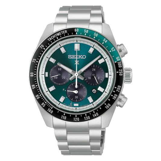 A Seiko Watch - Prospex Speedtimer Green Lagoon Solar (HBJ003) chronograph wristwatch featuring a stainless steel case, distinctive green and black dial with three subdials, a tachymeter bezel, luminescent markers, and powered by Seiko’s reliable solar-powered V192 movement.
