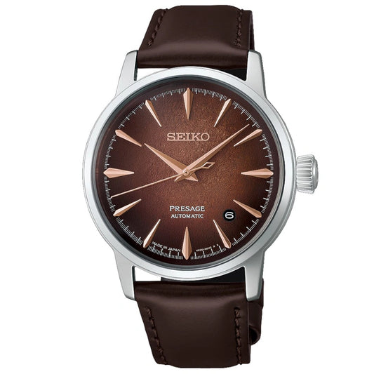 Introducing the Seiko Watch - Presage Cocktail Time - HCB003 by Seiko, featuring a brown sunburst dial, silver case, brown leather strap, and a date window at the 3 o’clock position.
