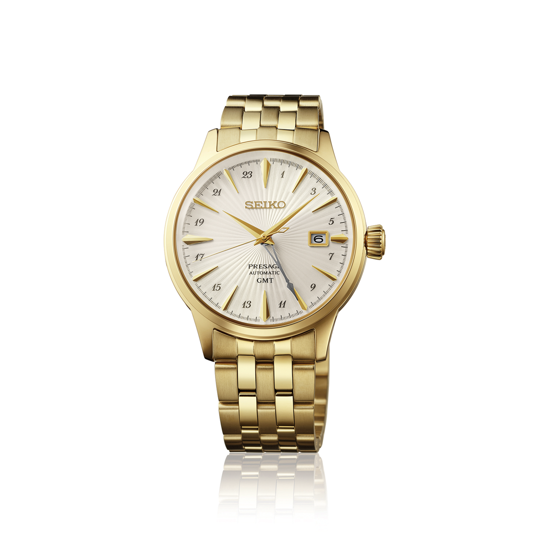 Gold-tone Seiko Watch - Presage Cocktail Time - HCB004 automatic watch with a silver sunray dial, a 24-hour dual time display, and a link bracelet.