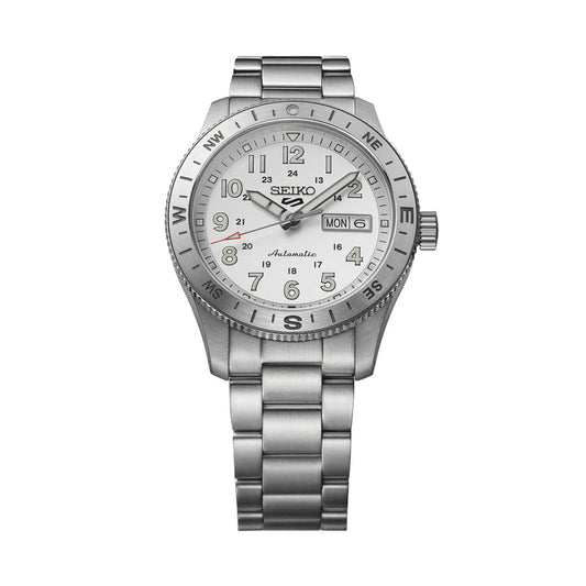 The Seiko Watch - Seiko 5 Automatic - HDB007 features a silver metal band, white dial with large numerals, day/date display, compass bezel markings, raised hands and hour markers. Reliable automatic movement for daily wear.