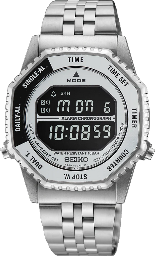 The Seiko Watch - Rotocall - HFL002, a silver digital wristwatch from Seiko reminiscent of the iconic Rotocall space watch, displays the time 10:08:59 and the date 17 MON 6 on its screen, with various labeled buttons around the bezel for mode, alarm, and chronograph functions.
