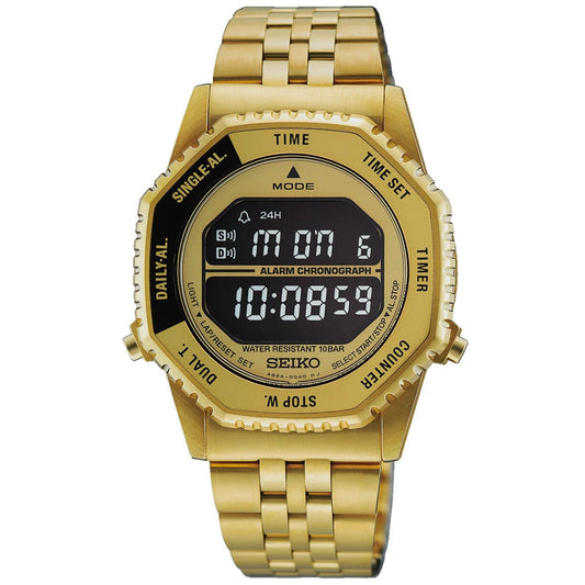 The Seiko Watch - Rotocall - HFL003 by Seiko is a gold digital wristwatch featuring a black display that shows the time as 10:08:59. It offers multiple modes and includes features such as an alarm, chronograph, and water resistance. Combining stylish quartz chronograph functionality with a timeless design, this watch is both practical and elegant.