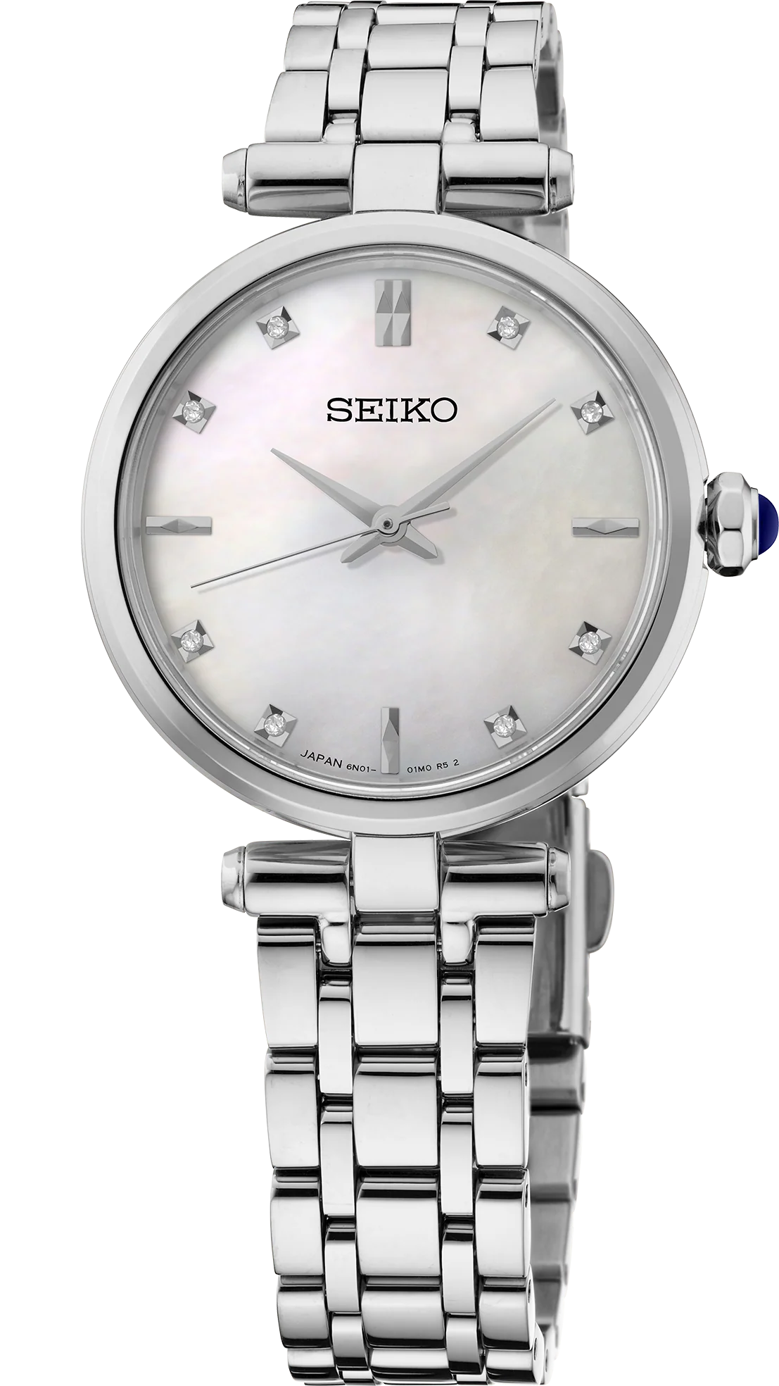 Introducing the Seiko Watch - Ladies' Diamond Collection - HGH005: a sophisticated timepiece with a stainless steel bracelet, a round mother of pearl dial embellished with diamond hour markers, and refined silver hands. The crown is accented in blue, while "SEIKO" and "JAPAN" are displayed at the bottom of the watch face.