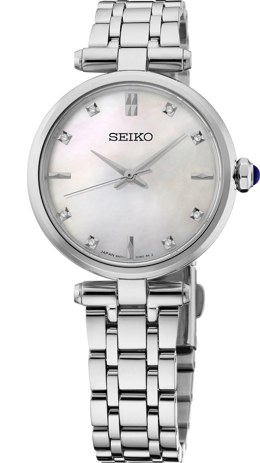Introducing the Seiko Watch - Ladies' Diamond Collection - HGH005: a sophisticated timepiece with a stainless steel bracelet, a round mother of pearl dial embellished with diamond hour markers, and refined silver hands. The crown is accented in blue, while "SEIKO" and "JAPAN" are displayed at the bottom of the watch face.