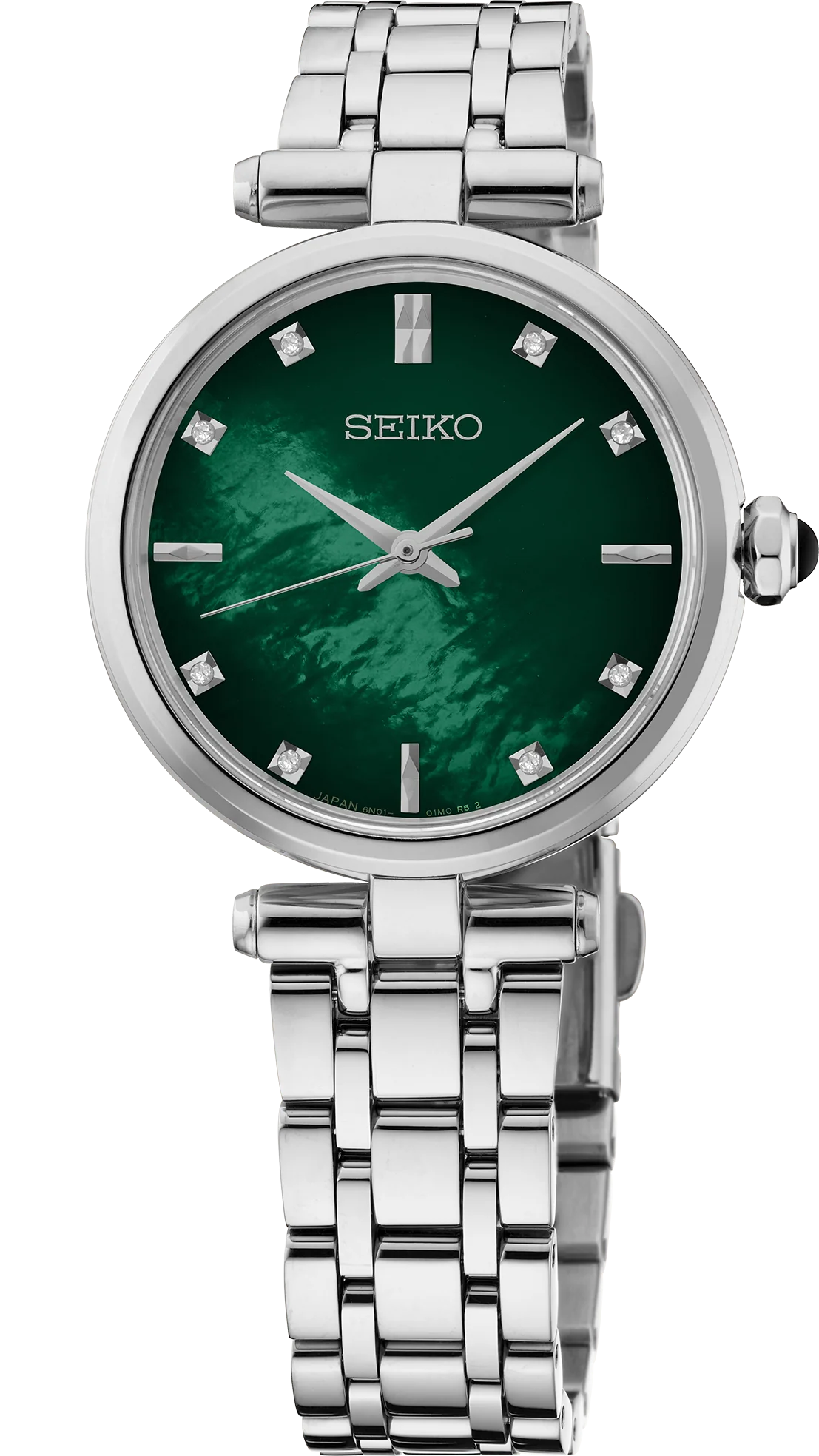 Introducing the Seiko Watch - Ladies' Diamond Collection - HGH006, a sophisticated timepiece from Seiko featuring a breathtaking green mother-of-pearl dial adorned with sparkling diamond hour markers. This elegant silver watch boasts a round face with three sleek silver hands and is complemented by a polished stainless steel bracelet for a timeless, refined look.