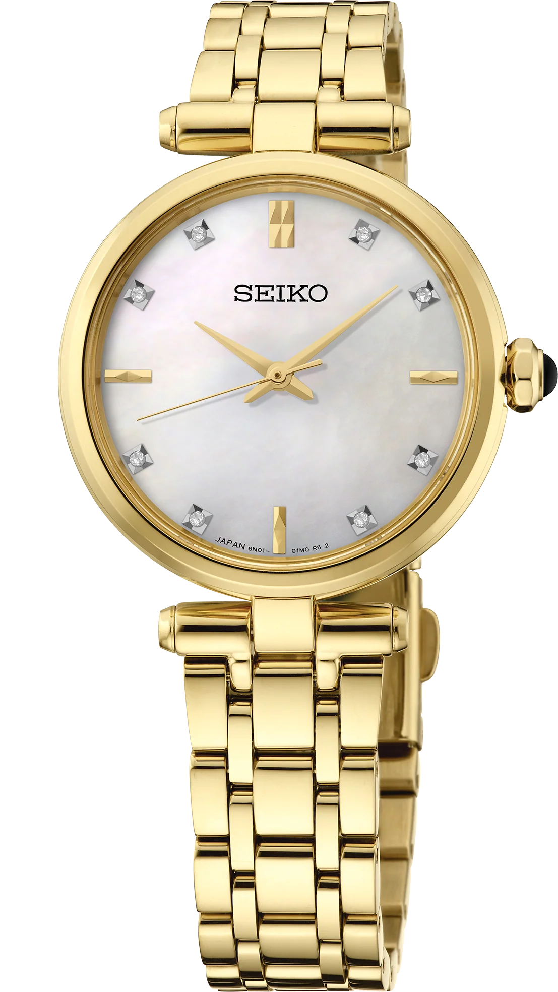 The Seiko Watch - Ladies' Diamond Collection (HGH008) features a gold case, a white mother-of-pearl dial, gold hour and minute hands, and sparkling diamond-like hour markers. This elegant Seiko timepiece is displayed against a plain white background.