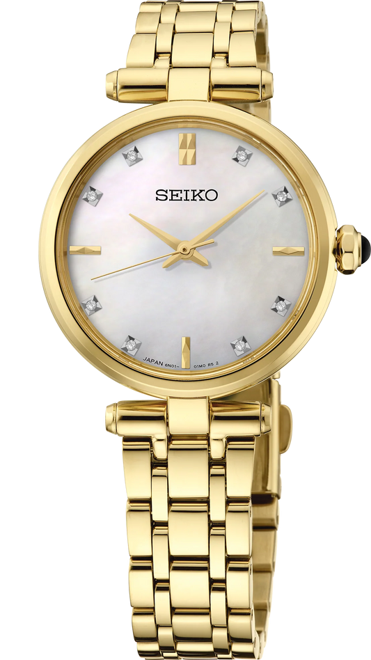 The Seiko Watch - Ladies' Diamond Collection (HGH008) features a gold case, a white mother-of-pearl dial, gold hour and minute hands, and sparkling diamond-like hour markers. This elegant Seiko timepiece is displayed against a plain white background.