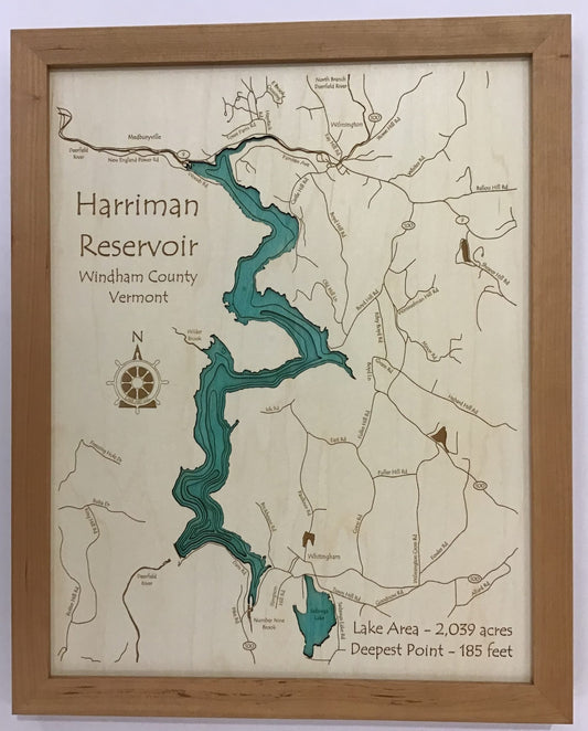 Lake Map - Harriman Reservoir - Laser Carved Wooden Relief Map - 14" x 18" - Vermont