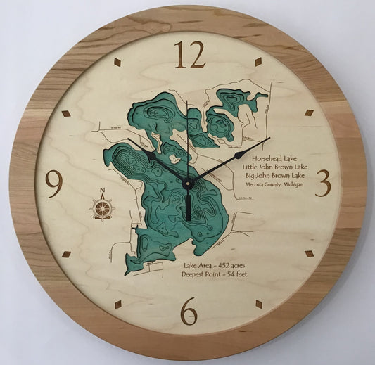 The Lake Art Lake Clock - Horsehead Lake is a custom wooden Michigan wall clock featuring a map with contours and depths, brown numbers, and a sturdy wooden frame.