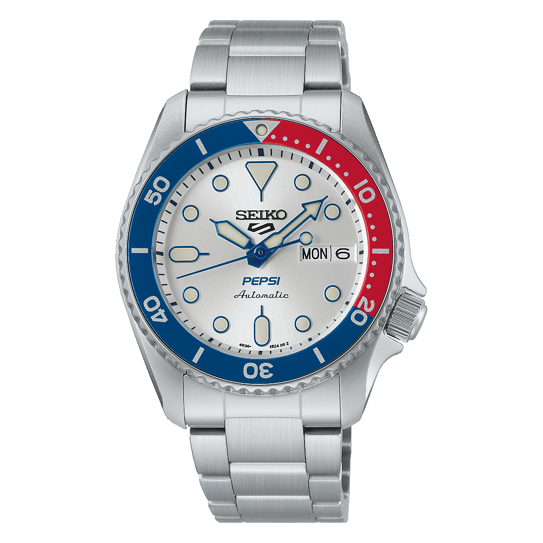 The Seiko 5 x Pepsi® Limited Edition SRPL99 is a silver automatic watch with a white dial, Pepsi blue and red bezel, silver hour markers, stainless steel band, and day-date display; Pepsi and Automatic are printed on the face.