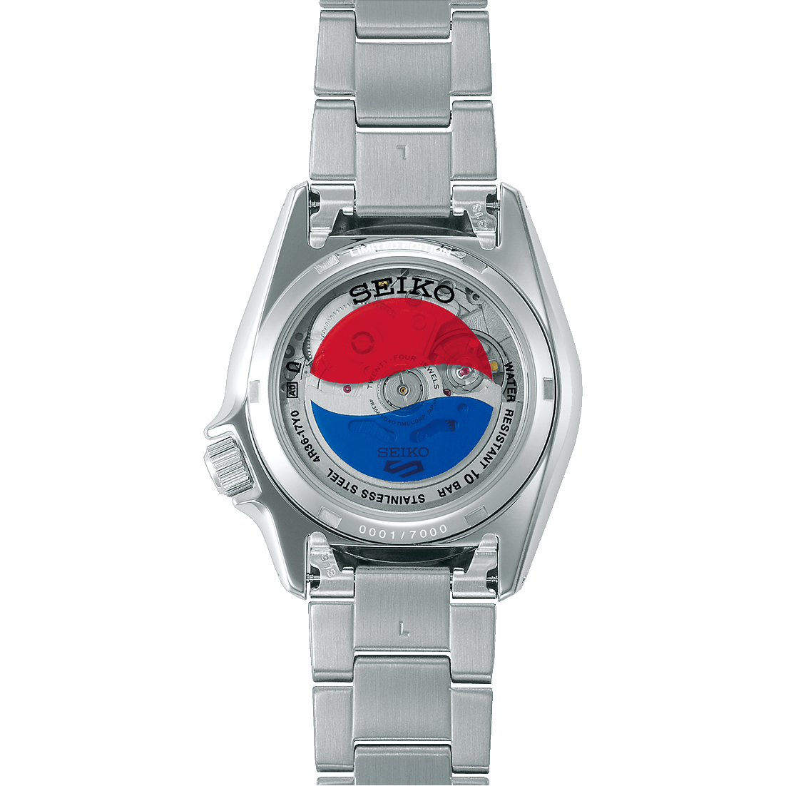 The Seiko Watch - Seiko 5 x Pepsi® Limited Edition - SRPL99 showcases a transparent case back with a red, white, and blue decorated movement and an engraving of 0001/7000, highlighting its limited edition status.