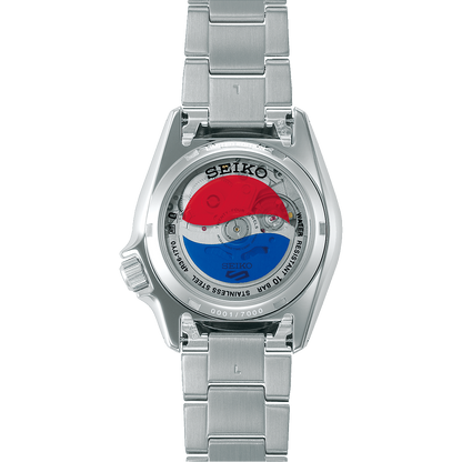 The Seiko Watch - Seiko 5 x Pepsi® Limited Edition - SRPL99 showcases a transparent case back with a red, white, and blue decorated movement and an engraving of 0001/7000, highlighting its limited edition status.