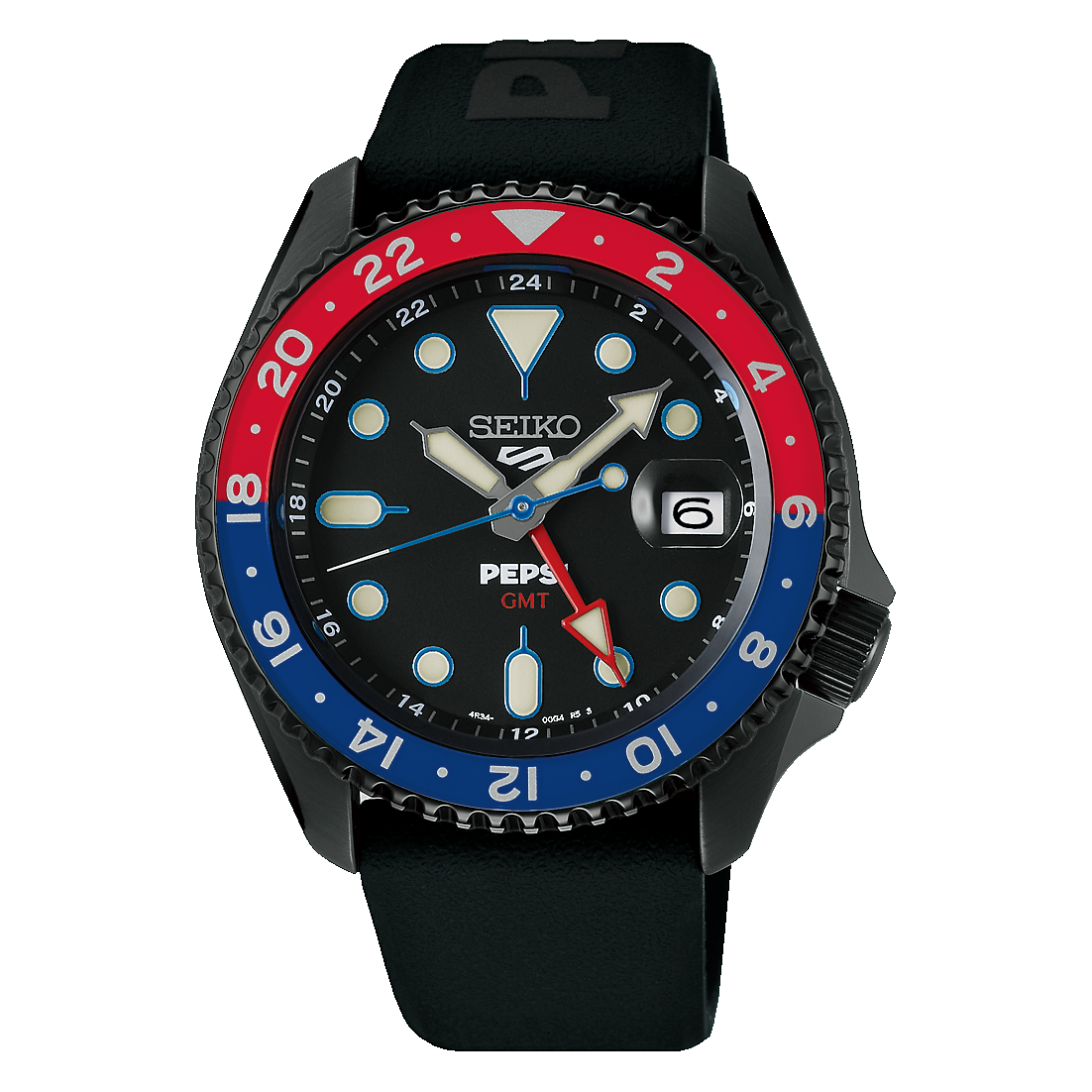 The Seiko 5 x Pepsi® Limited Edition SSK047 automatic watch by Seiko features a black dial, blue/red bezel with 24-hour numerals, black strap, silver hands, date window at 3 o’clock, and SEIKO and PEPSI GMT branding on the dial.