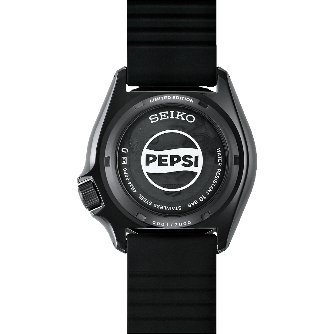 The Seiko Watch - Seiko 5 x Pepsi® Limited Edition - SSK047 features Limited Edition numbering engraved on its stainless steel case back and comes with a black rubber strap.