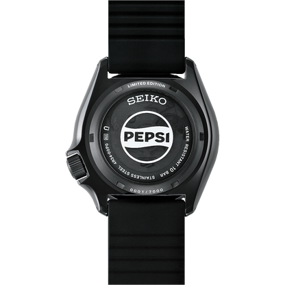 The Seiko Watch - Seiko 5 x Pepsi® Limited Edition - SSK047 features Limited Edition numbering engraved on its stainless steel case back and comes with a black rubber strap.