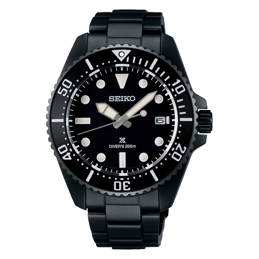 The Seiko Watch - Diver - SNE599 features a black stainless steel band, round black dial with white markers, solar movement, date at 3 o’clock, and “DIVER’S 200m” above 6 o’clock. Brand: Seiko.