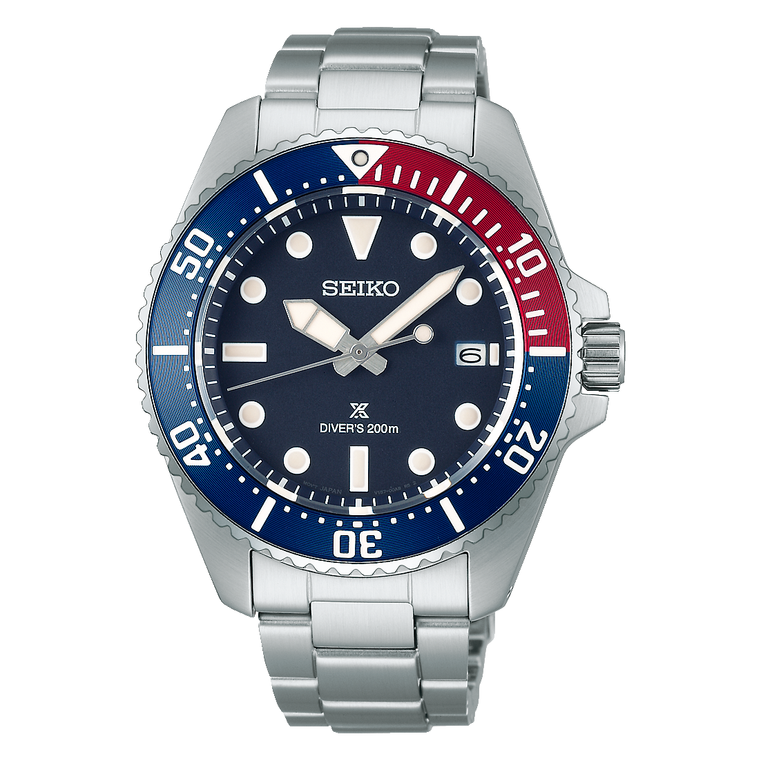 The Seiko Prospex SNE595 is a stainless steel dive watch with a blue and red bezel, blue dial, silver markers and hands, date at 3 o’clock, “DIVERS 200m” label, and 200m water resistance.