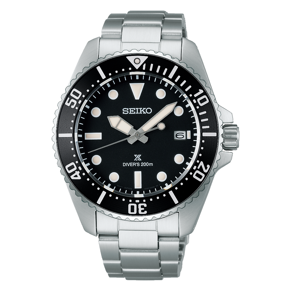 The Seiko Prospex SNE597 is a stainless steel diver’s watch with a black bezel and dial, luminous markers and hands, 200m water resistance, date at 3 o’clock, metal link bracelet, and a bezel marked in 10-minute increments up to 60.