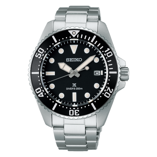 The Seiko Prospex SNE597 is a stainless steel diver’s watch with a black bezel and dial, luminous markers and hands, 200m water resistance, date at 3 o’clock, metal link bracelet, and a bezel marked in 10-minute increments up to 60.
