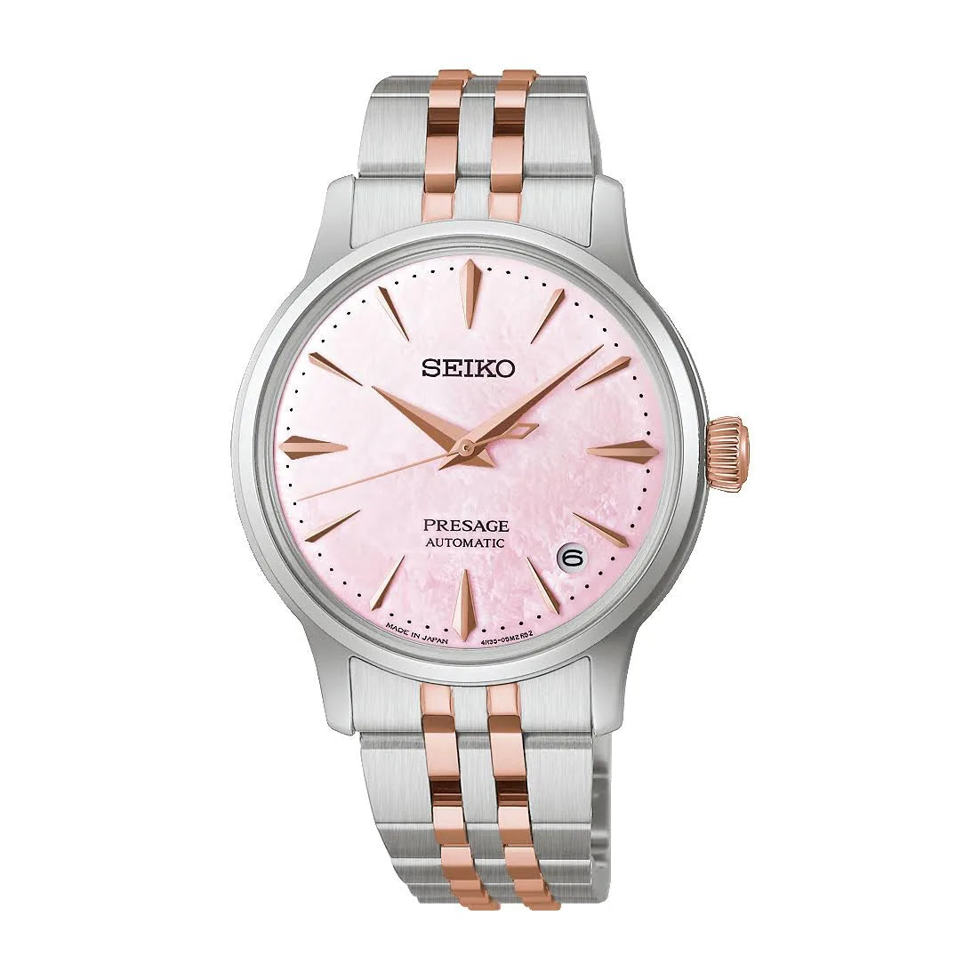 The Seiko Presage Cocktail Time SRPM06 is a limited edition automatic watch with a pink textured dial, rose gold hands and markers, a stainless steel case, silver and rose gold bracelet, and date window at 3 o’clock.