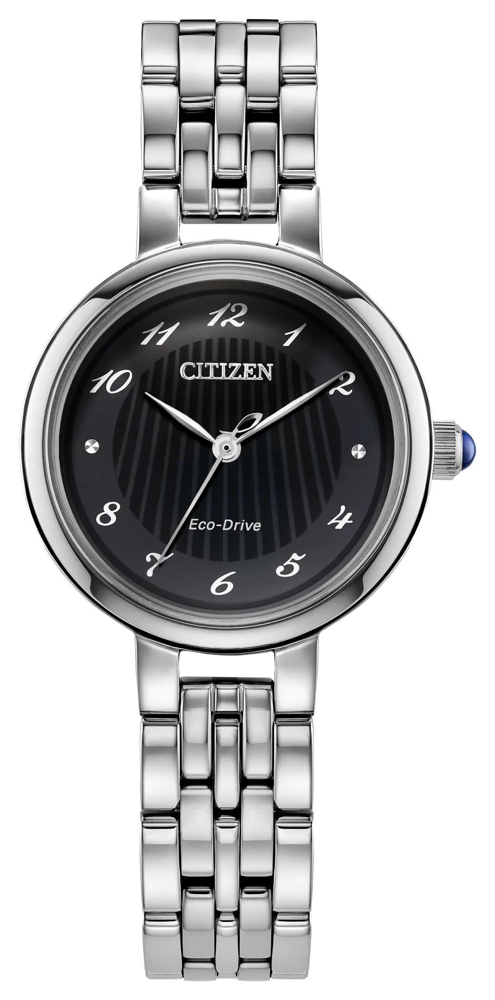 The Citizen Ladies' Classic EM0990-81E is a silver-tone stainless steel watch with a black round dial, silver markers, two hands, the Citizen logo at 12 o’clock, and a linked metal band—an elegant choice for women.