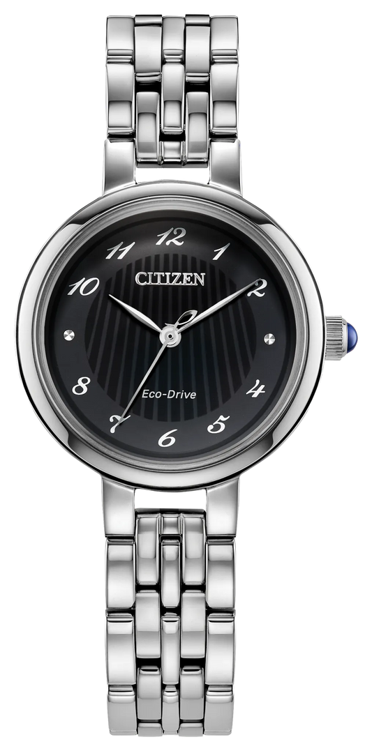 The Citizen Ladies' Classic EM0990-81E is a silver-tone stainless steel watch with a black round dial, silver markers, two hands, the Citizen logo at 12 o’clock, and a linked metal band—an elegant choice for women.