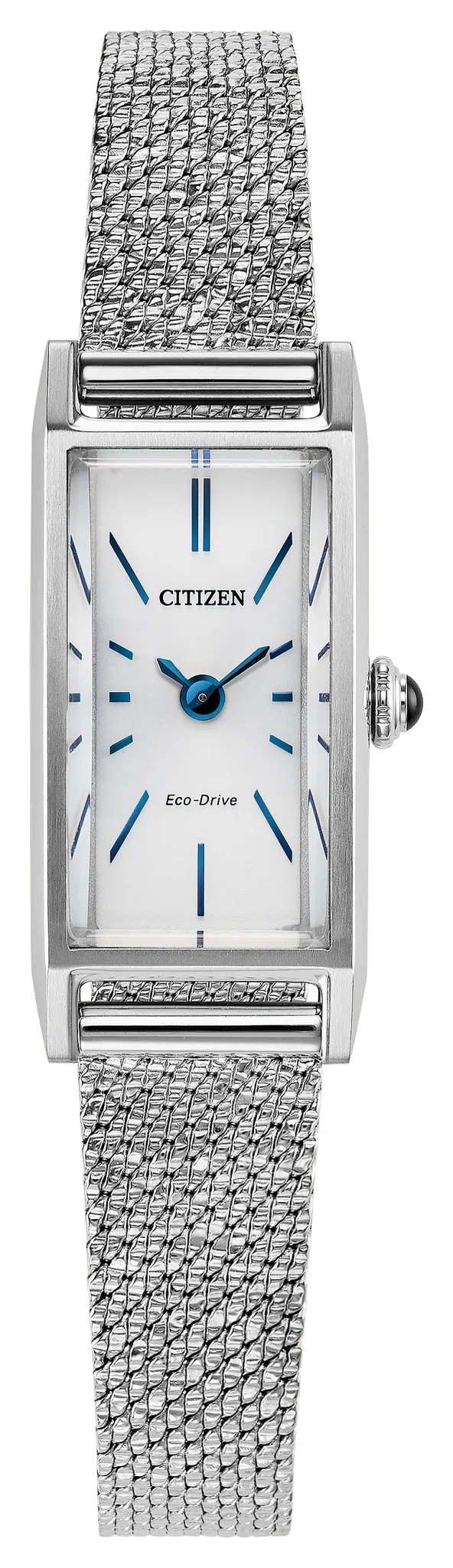 The Citizen Watch - Ladies' Fio (EG7120-51A) features a rectangular case, silver mesh band, white dial, blue hands and minimalist hour markers. A sustainable Eco-Drive model from Citizen, it combines classic style with modern design.