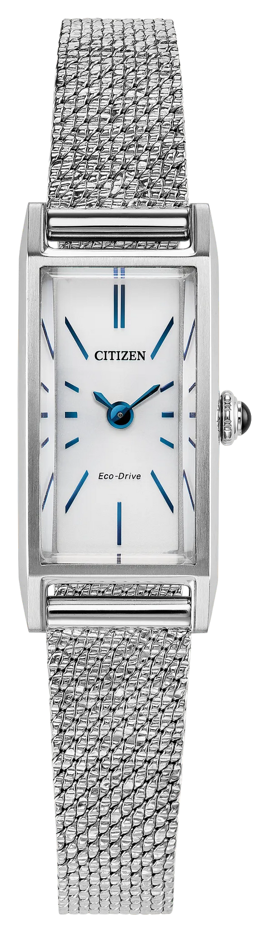 The Citizen Watch - Ladies' Fio (EG7120-51A) features a rectangular case, silver mesh band, white dial, blue hands and minimalist hour markers. A sustainable Eco-Drive model from Citizen, it combines classic style with modern design.