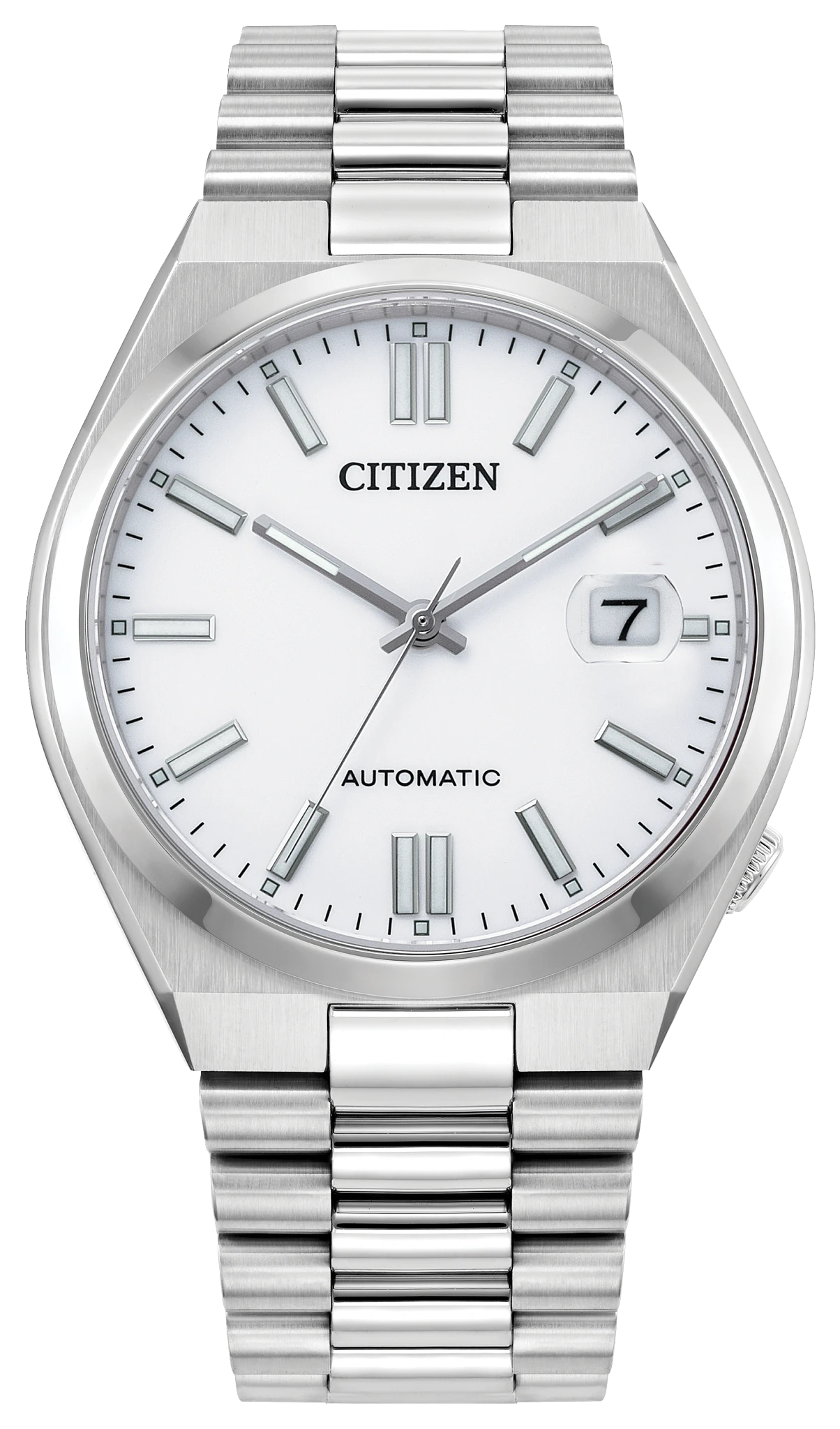 The Citizen Watch - TSUYOSA - NJ0150-56A features a silver case, white dial, silver markers and hands, date window at 3 o’clock, metal link bracelet, and “Automatic” printed above 6 o’clock. Brand: Citizen.