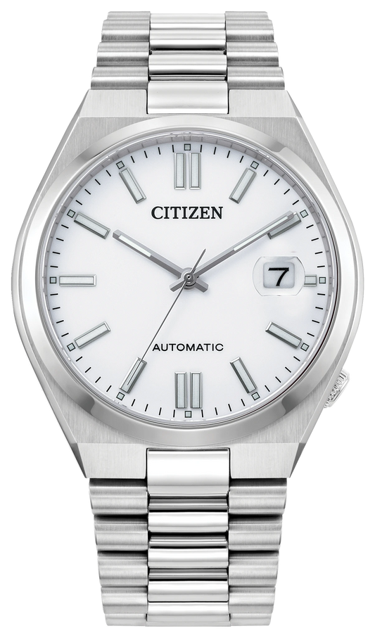 The Citizen Watch - TSUYOSA - NJ0150-56A features a silver case, white dial, silver markers and hands, date window at 3 o’clock, metal link bracelet, and “Automatic” printed above 6 o’clock. Brand: Citizen.