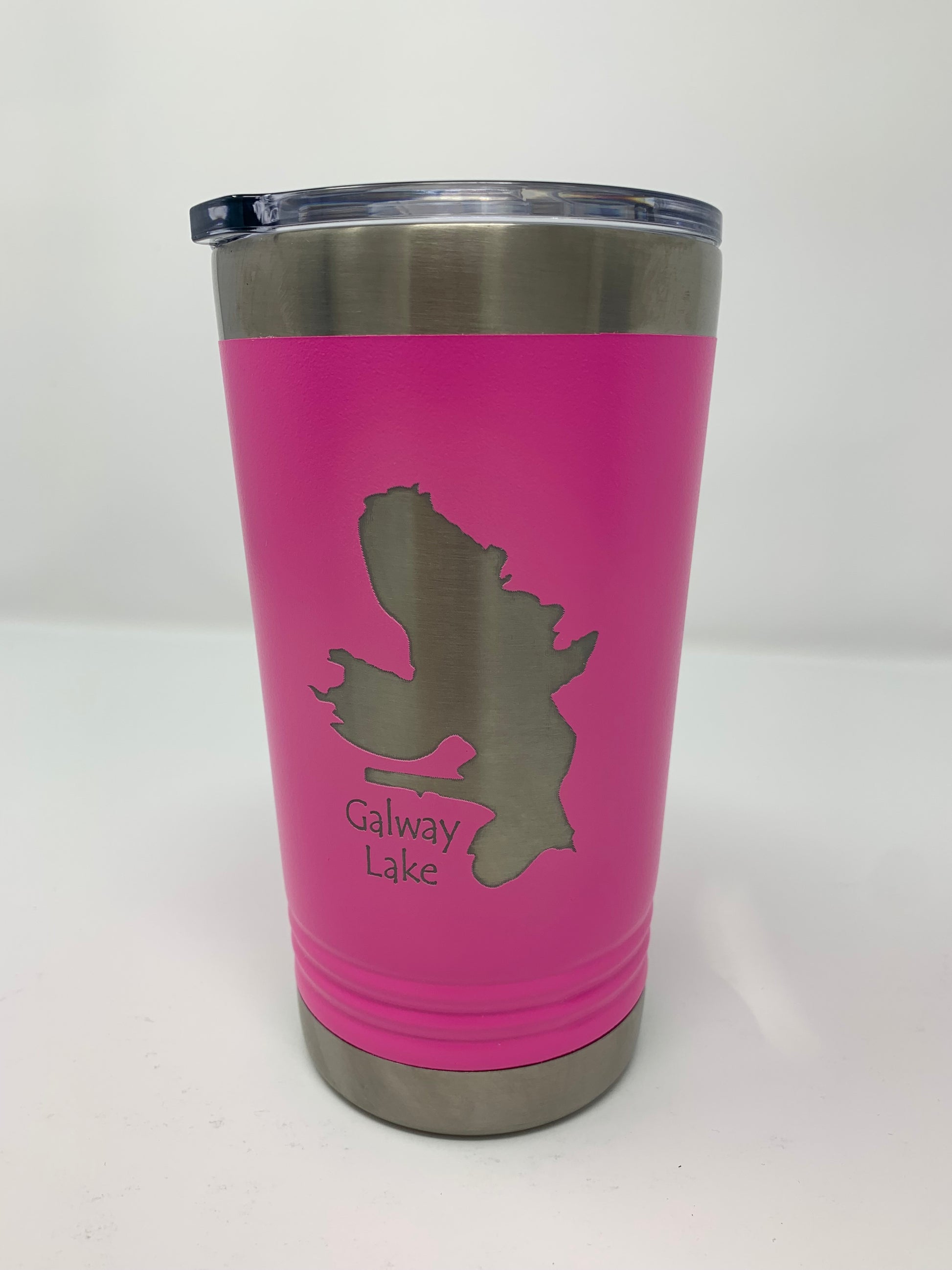 The JDS Polar Pint Tumbler in pink features a Galway Lake cutout and engraved name, with a clear plastic lid for style and convenience—perfect for on-the-go use.