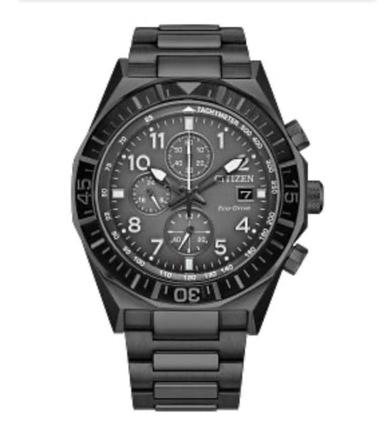 Certainly! Here is your revised sentence using the provided product data: The Citizen Nighthawk Chronograph (model CA0897-55H) is a stainless steel wristwatch in a black-tone finish, featuring a metal band, multiple subdials, a date window, and a bezel marked with numerals. Its face showcases white accents and luminous hands, all powered by Citizen’s reliable Eco-Drive technology.