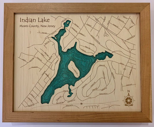 Lake Map - Indian Lake - Laser Carved Wooden Relief Map - 11" x 14" - New Jersey