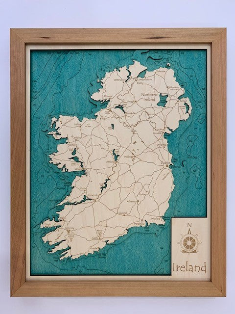 Lake Map - Ireland - Laser Carved Wooden Relief Map - 14" x 18"