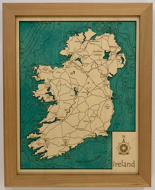 Lake Map - Ireland - Laser Carved Wooden Relief Map - 11" x 14"