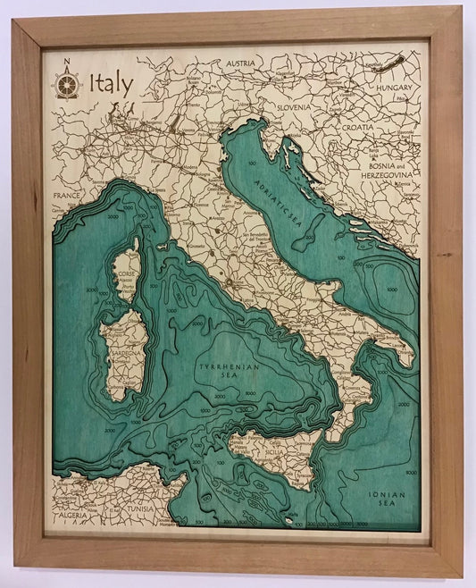 Lake Map - Italy - Laser Carved Wooden Relief Map - 14" x 18"