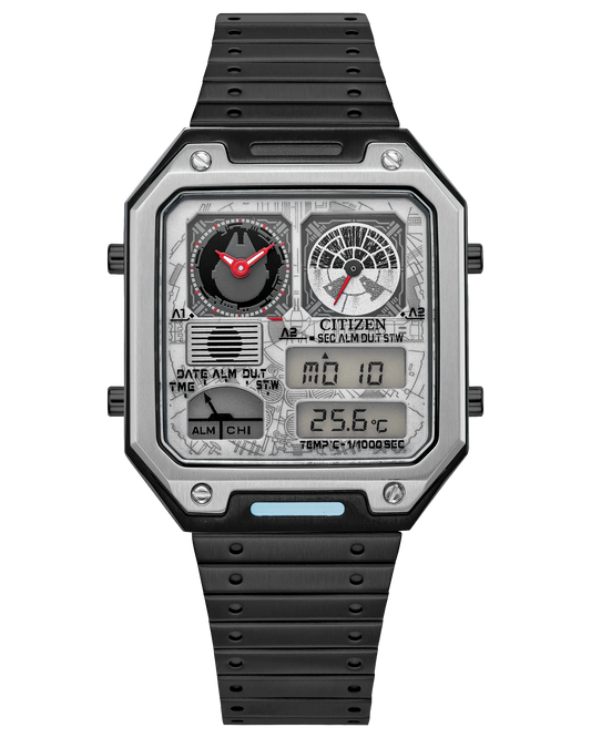 The Citizen Watch - Millennium Falcon - JG2146-53H by Citizen features a rectangular silver and black case, digital and analog displays, multiple dials and buttons, a technical map-like face, and a sleek black strap.