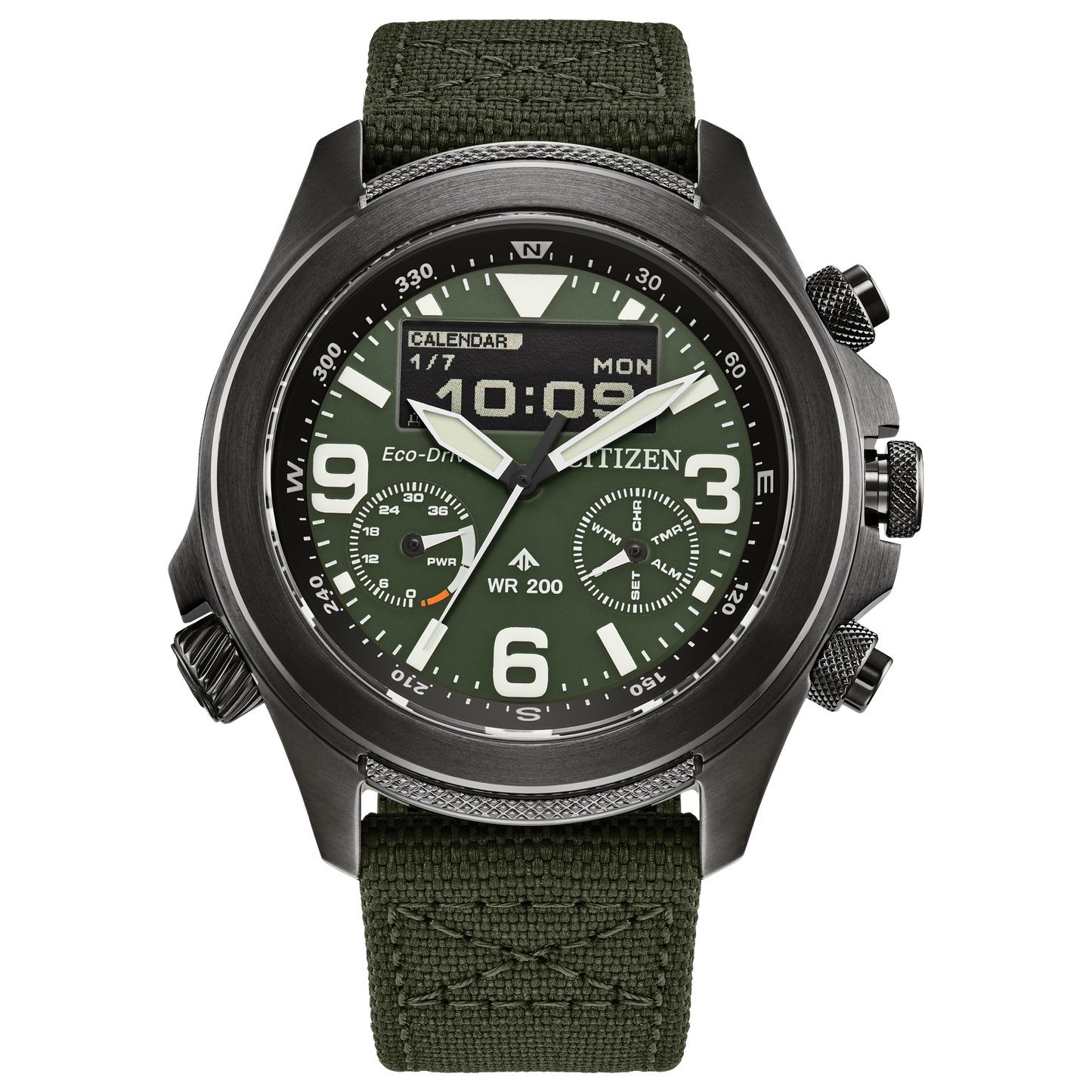 The Citizen Watch - Promaster Land U822 (JV1005-02W) by Citizen features a dark green fabric strap, black stainless steel case, analog and digital displays, multiple dials, and shows 10:09 and Monday, 1/7—adventure-ready style.