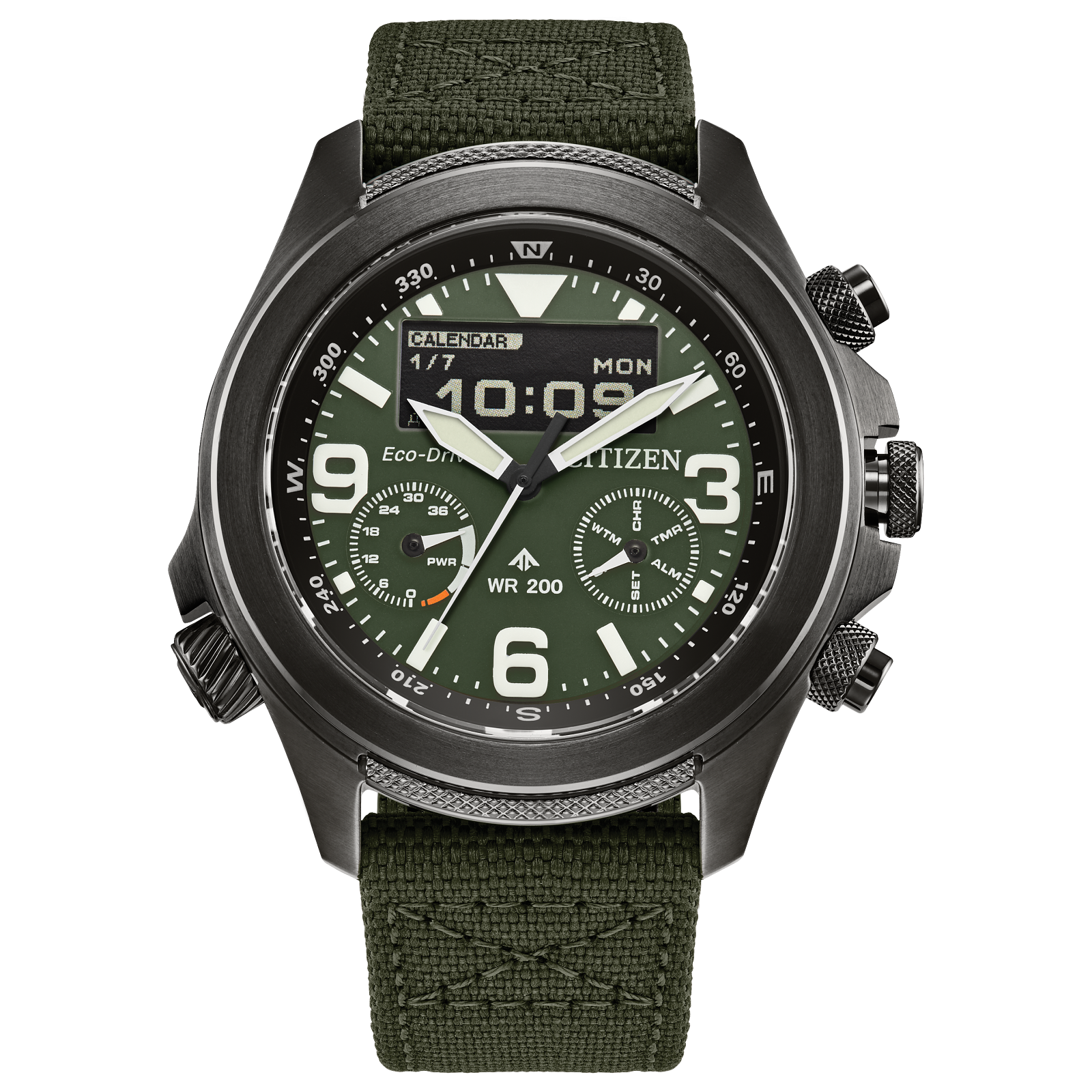 The Citizen Watch - Promaster Land U822 (JV1005-02W) by Citizen features a dark green fabric strap, black stainless steel case, analog and digital displays, multiple dials, and shows 10:09 and Monday, 1/7—adventure-ready style.