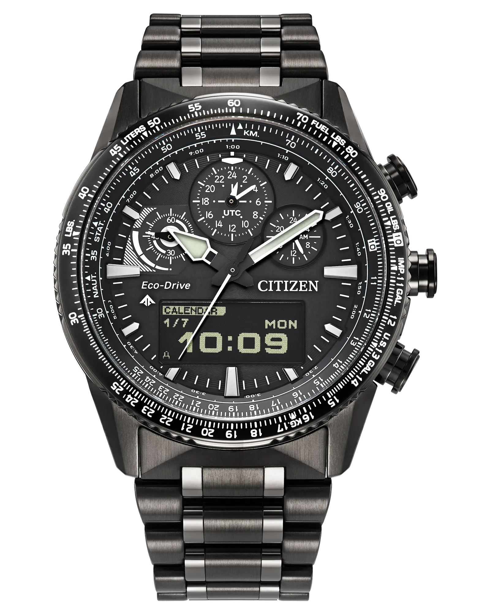 The Citizen Promaster Skyhawk U830 JV2005-58E is an analog-digital chronograph watch with a black and silver face, multiple subdials, digital display, bezel buttons, and displays the time as 10:09.