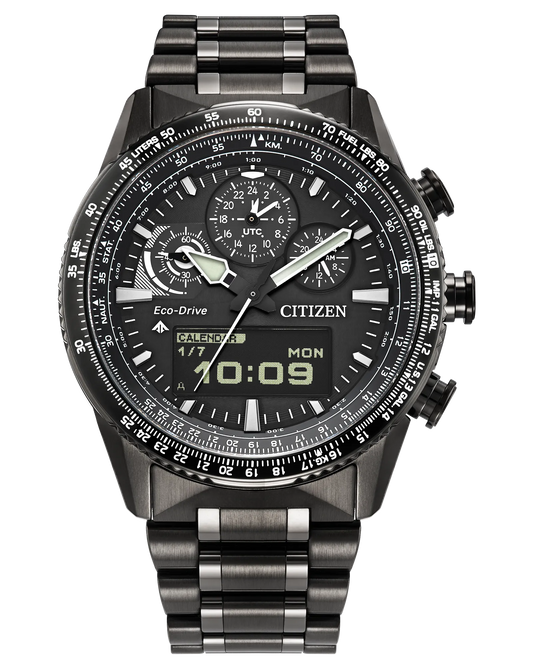 The Citizen Promaster Skyhawk U830 JV2005-58E is an analog-digital chronograph watch with a black and silver face, multiple subdials, digital display, bezel buttons, and displays the time as 10:09.