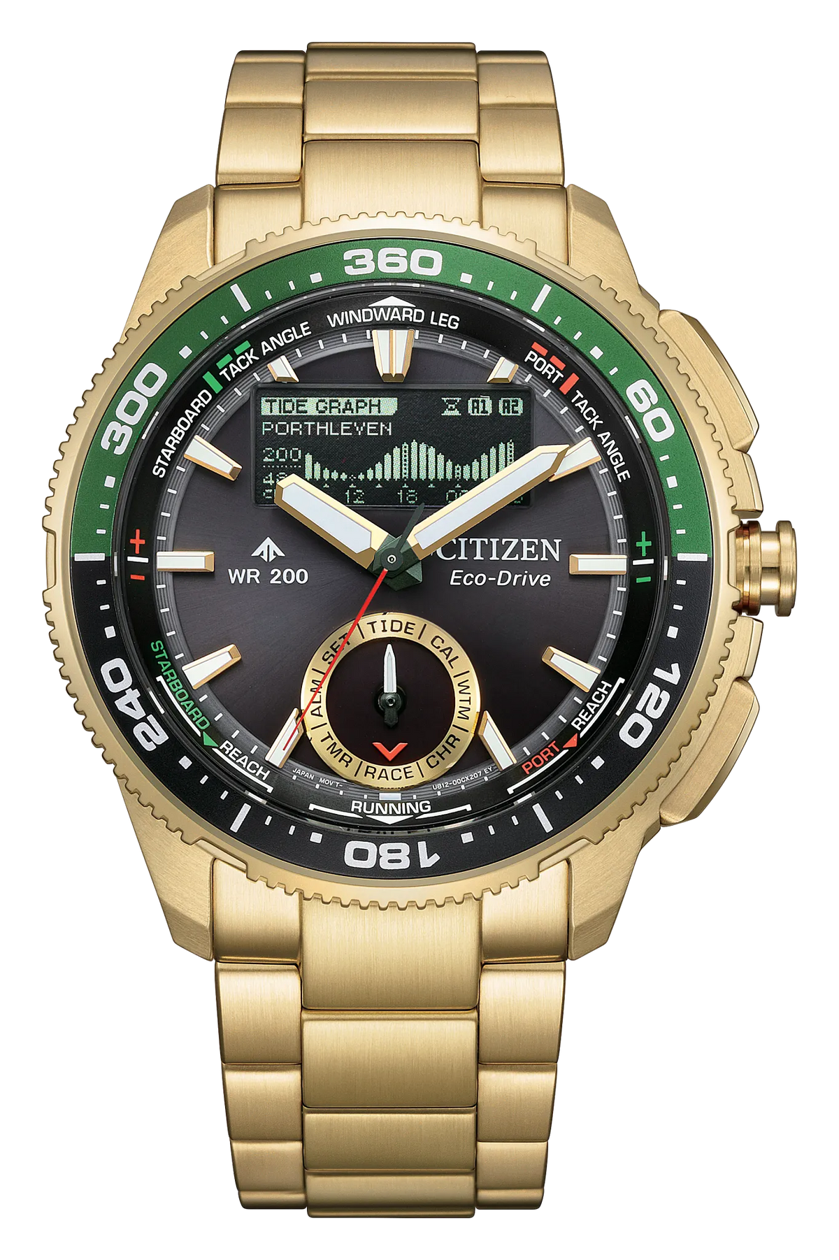 Citizen Watch's Promaster WaveTracker (JV3002-51E) by Citizen is shown with a green and black bezel, multiple dials, and advanced features like a tide graph and yacht timer—ideal for yacht racing—displayed on a linked gold metal band against a white background.