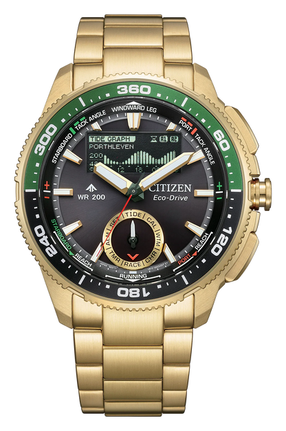 Citizen Watch's Promaster WaveTracker (JV3002-51E) by Citizen is shown with a green and black bezel, multiple dials, and advanced features like a tide graph and yacht timer—ideal for yacht racing—displayed on a linked gold metal band against a white background.