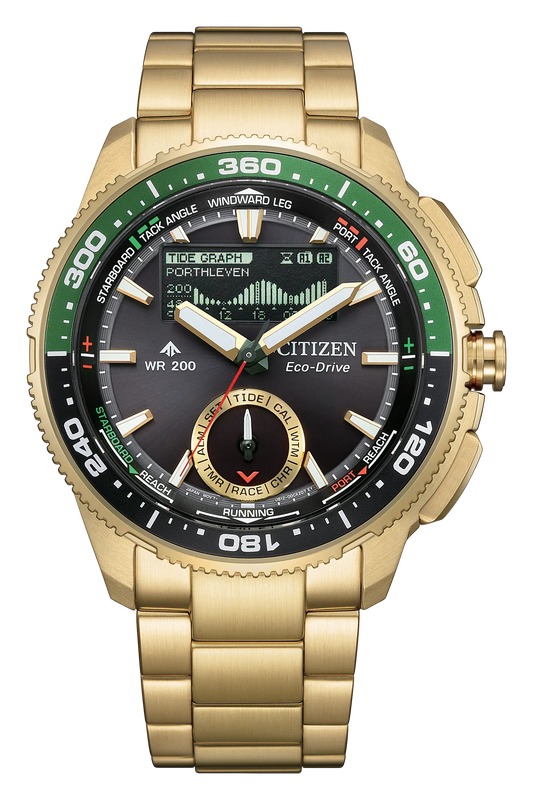 Citizen Watch's Promaster WaveTracker (JV3002-51E) by Citizen is shown with a green and black bezel, multiple dials, and advanced features like a tide graph and yacht timer—ideal for yacht racing—displayed on a linked gold metal band against a white background.