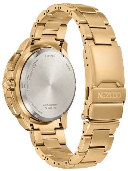 The Citizen Promaster WaveTracker JV3002-51E is shown from the back, highlighting its stainless steel case, engraved serial numbers, and a metal link bracelet with a clasp featuring the Citizen logo. This sophisticated timepiece integrates Eco-Drive technology, delivering reliable performance powered by light.