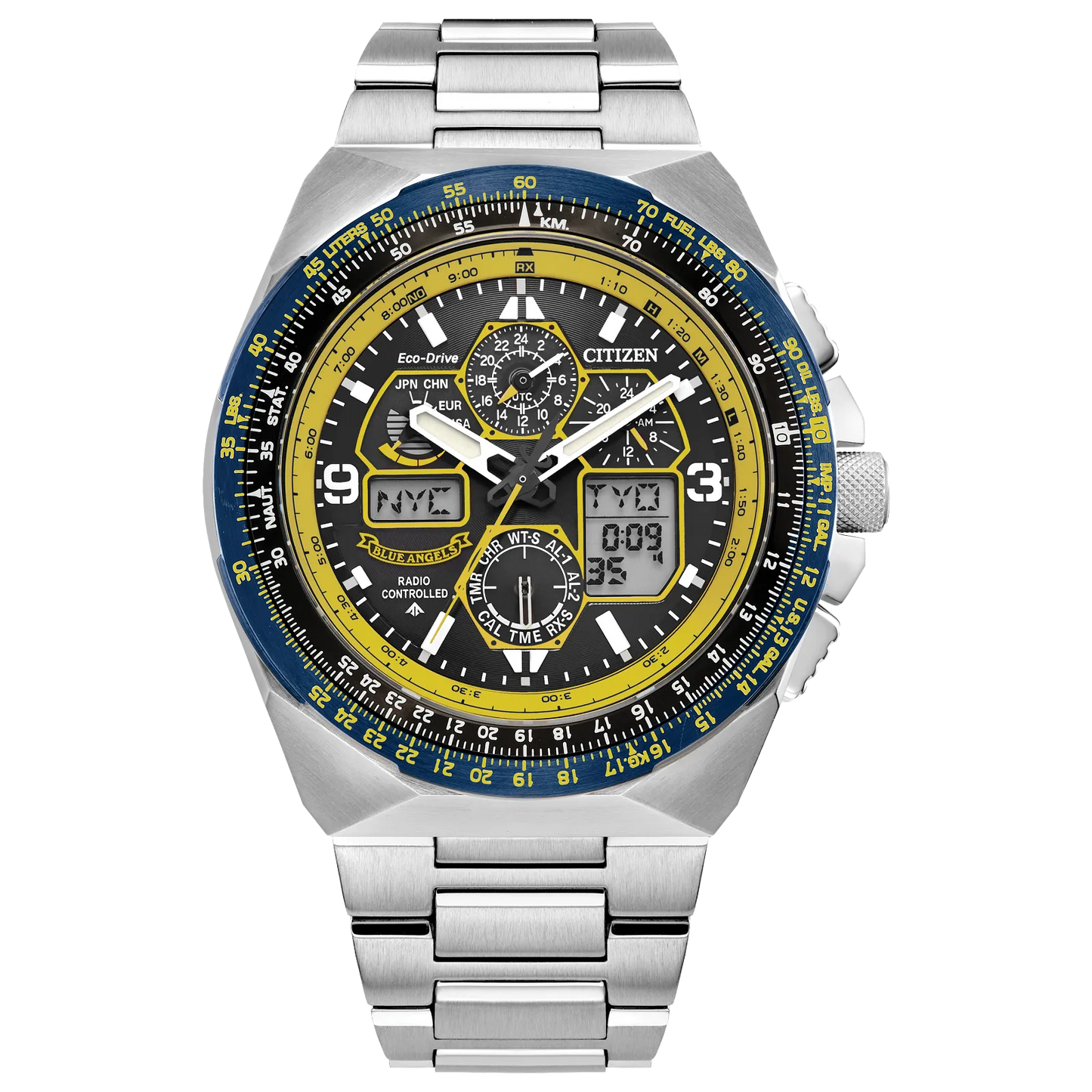The Citizen Watch - Blue Angels Eco-Drive (JY8125-54L) features a stainless steel band, black and yellow dial, analog and digital displays, three subdials, blue bezel accents, and world city time zones.